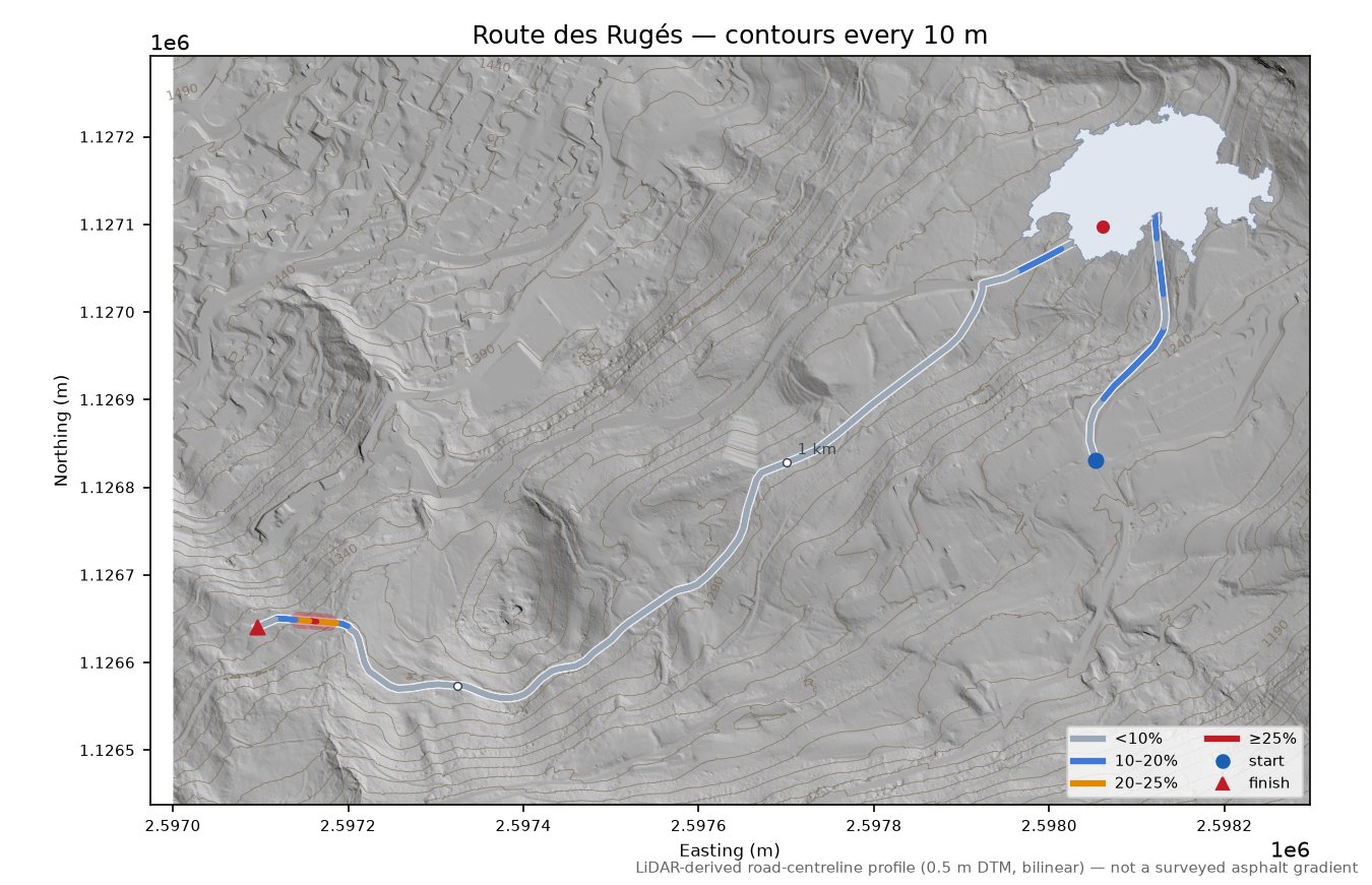 Route des Rugés LiDAR hillshade map with contours