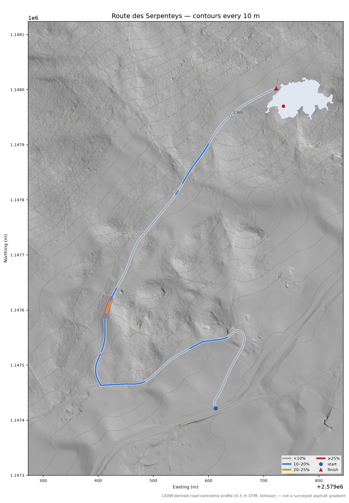 Route des Serpenteys LiDAR hillshade map with contours