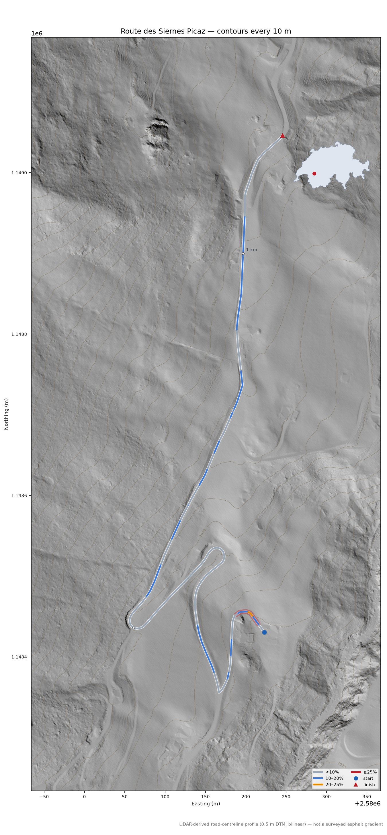 Route des Siernes Picaz LiDAR hillshade map with contours