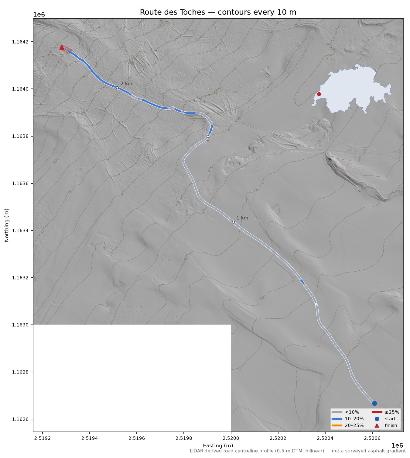 Route des Toches LiDAR hillshade map with contours