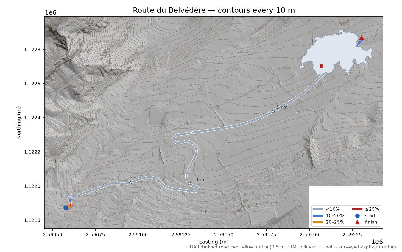 Route du Belvédère LiDAR hillshade map with contours