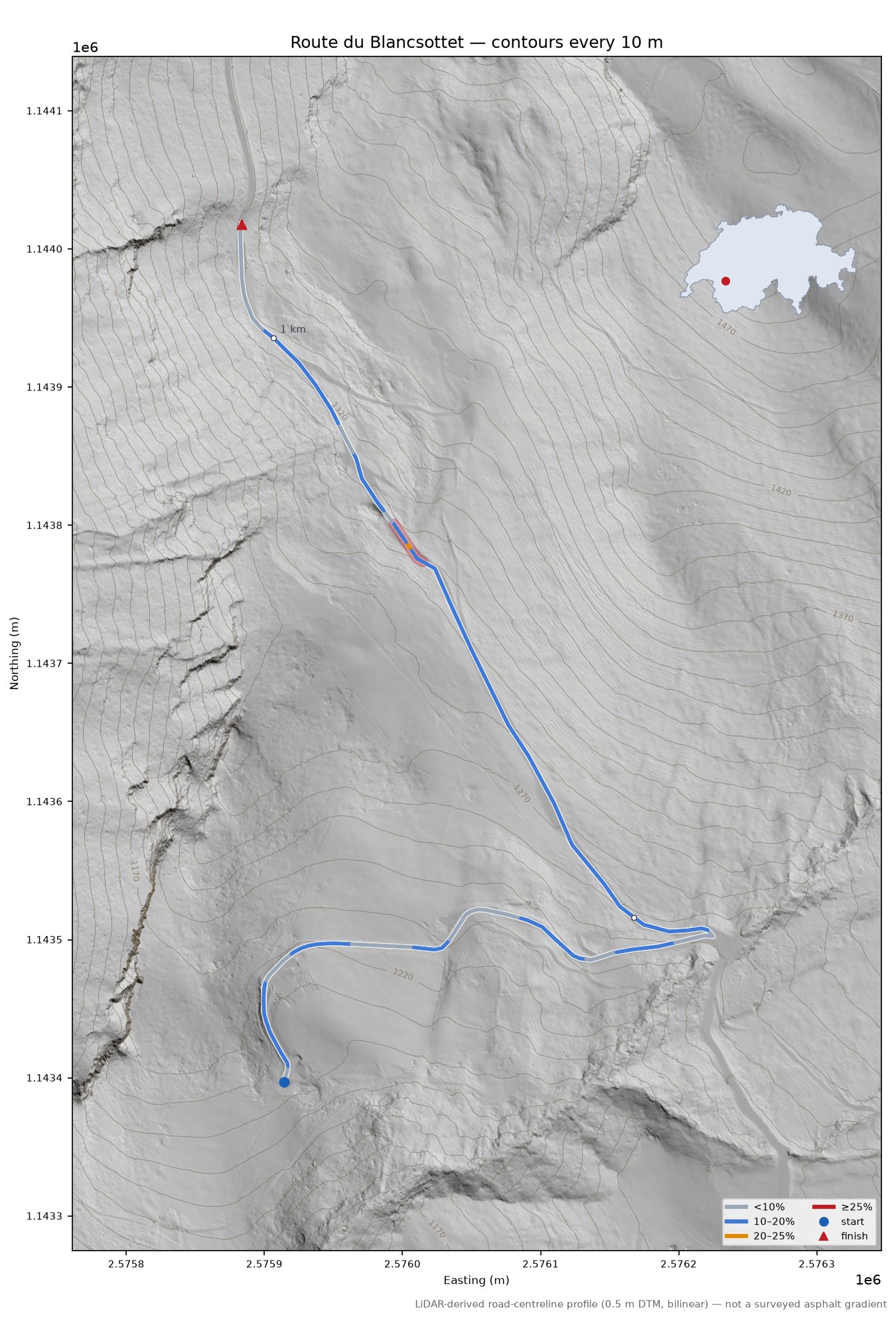 Route du Blancsottet LiDAR hillshade map with contours