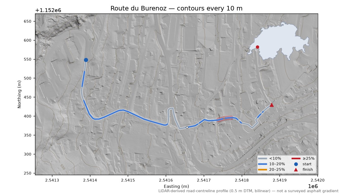 Route du Burenoz LiDAR hillshade map with contours