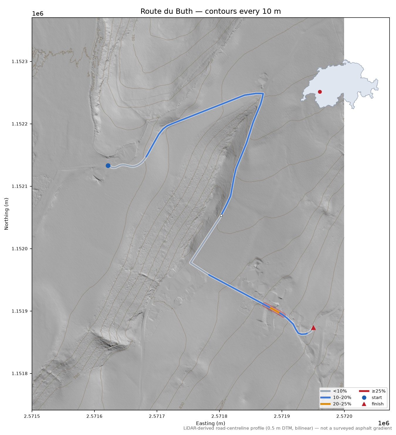 Route du Buth LiDAR hillshade map with contours