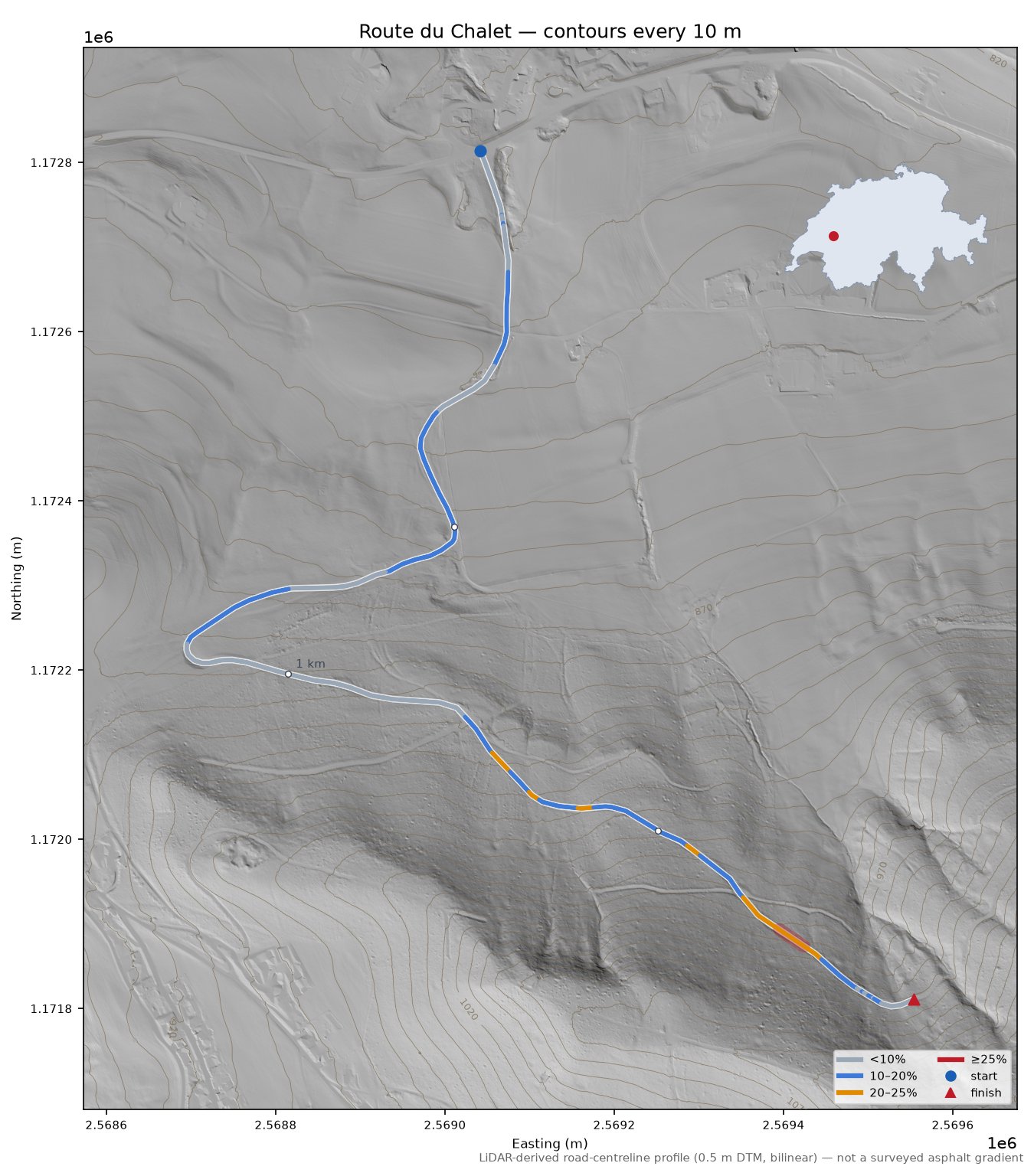 Route du Chalet LiDAR hillshade map with contours
