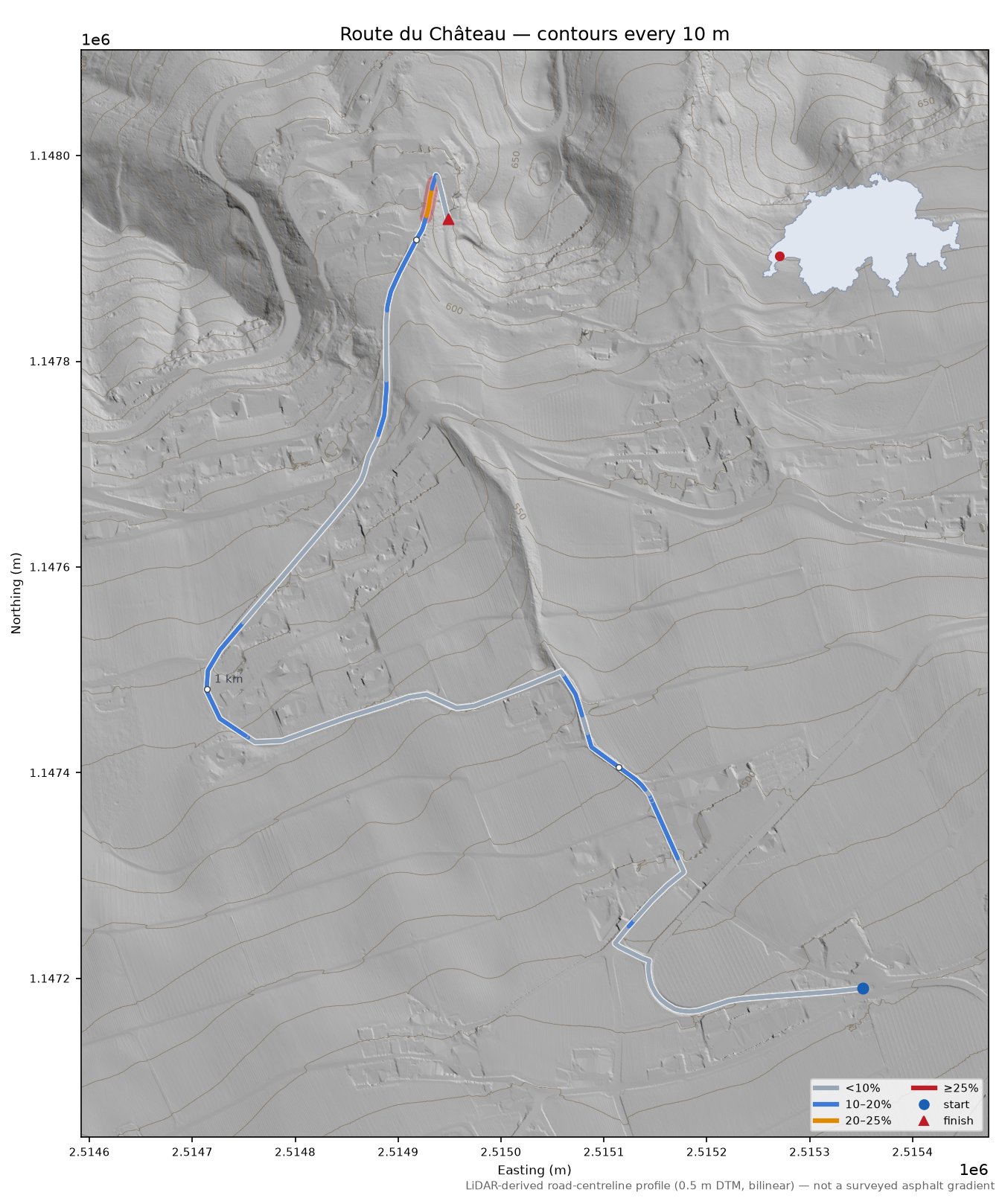Route du Château LiDAR hillshade map with contours