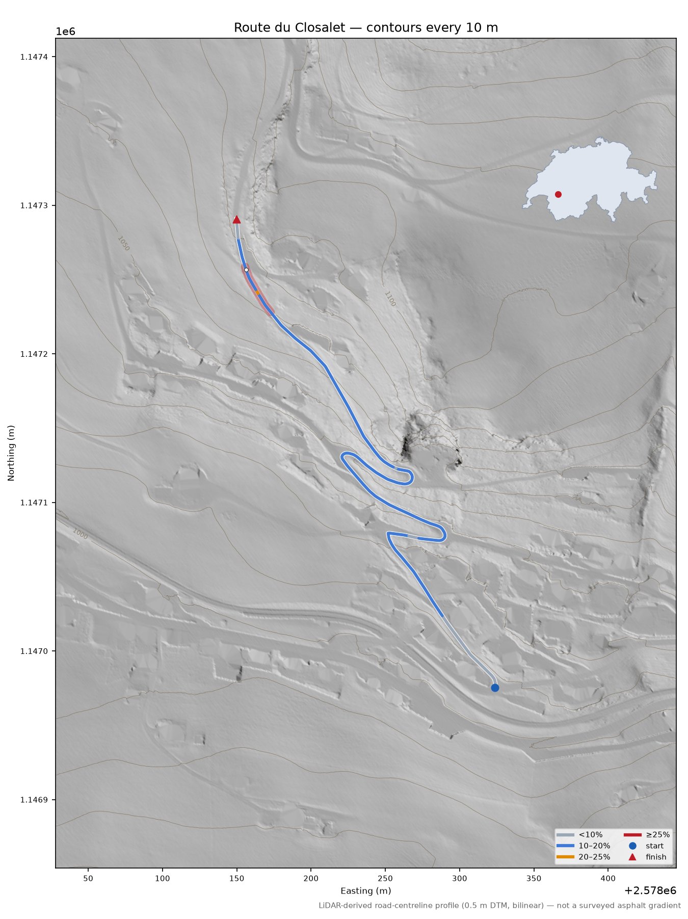 Route du Closalet LiDAR hillshade map with contours