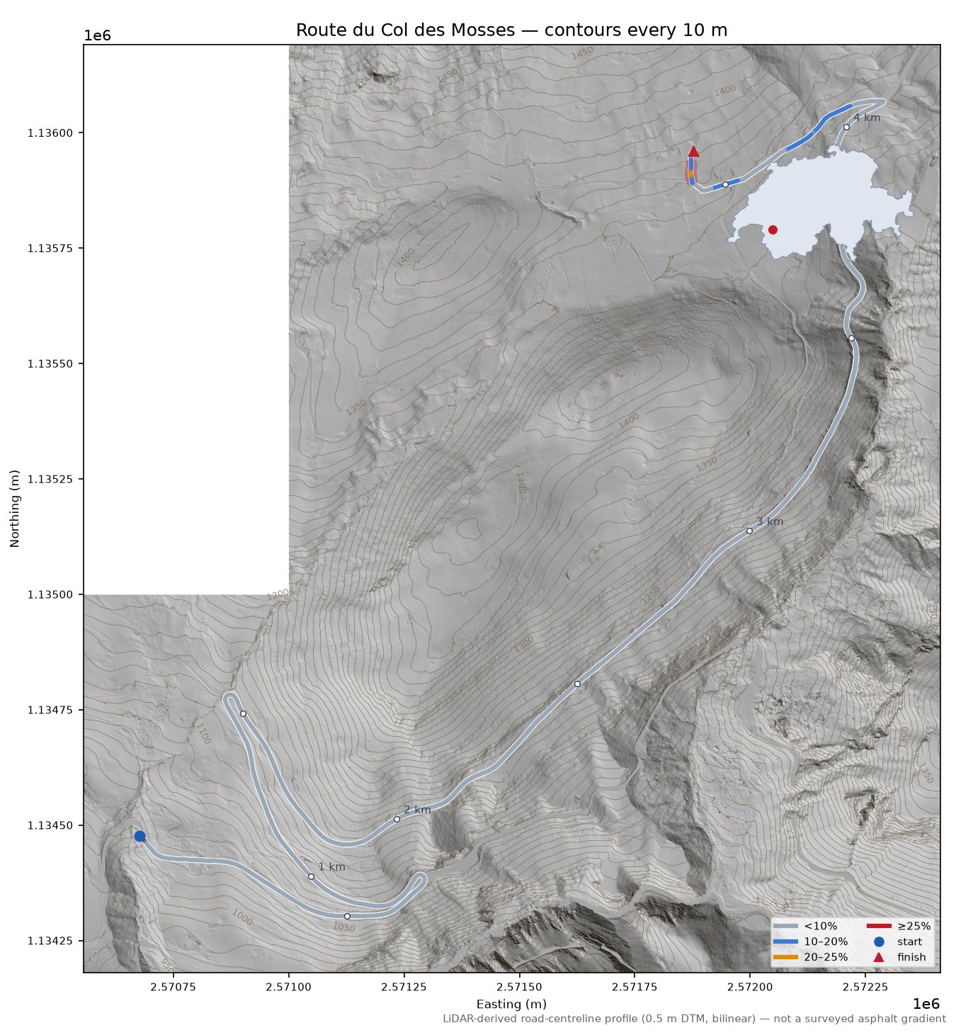 Route du Col des Mosses LiDAR hillshade map with contours