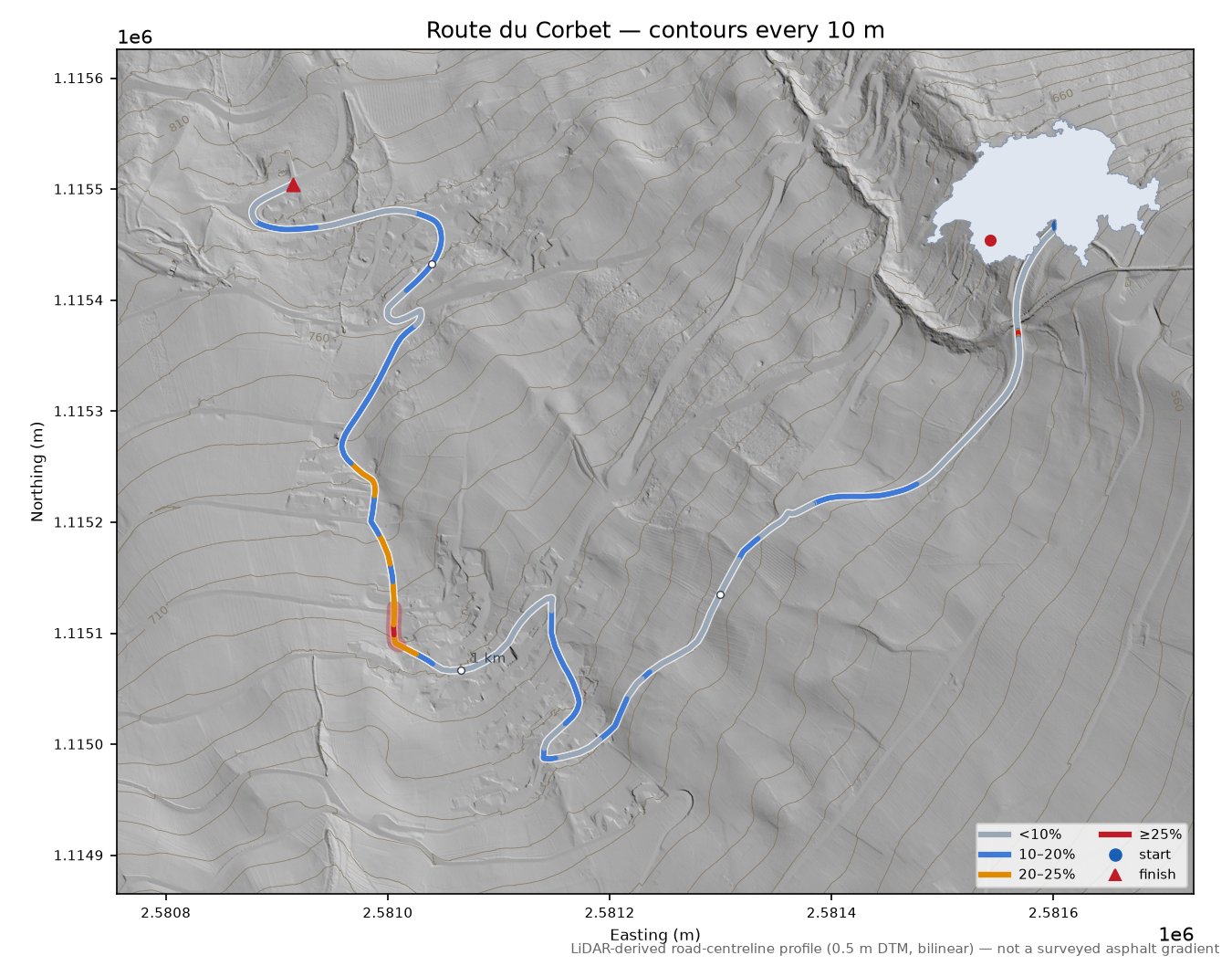 Route du Corbet LiDAR hillshade map with contours