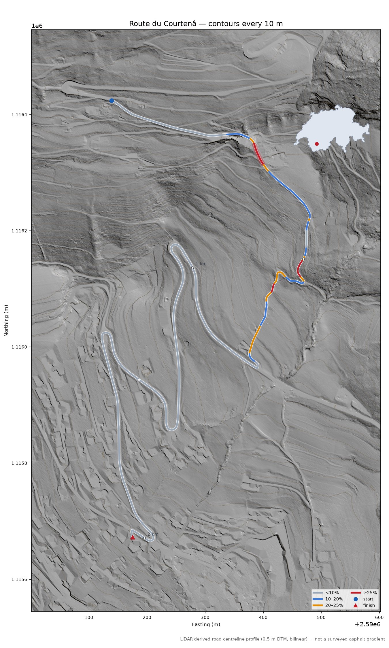 Route du Courtenâ LiDAR hillshade map with contours