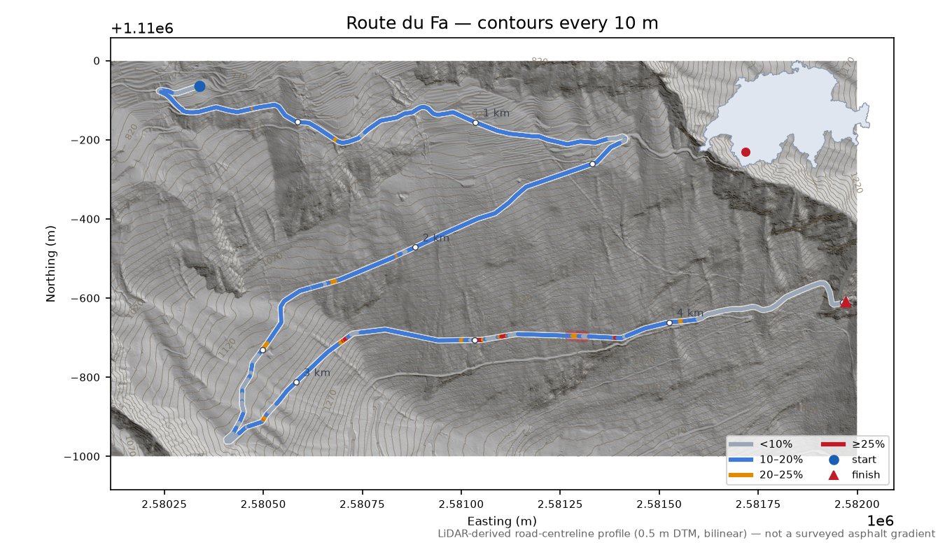 Route du Fa LiDAR hillshade map with contours