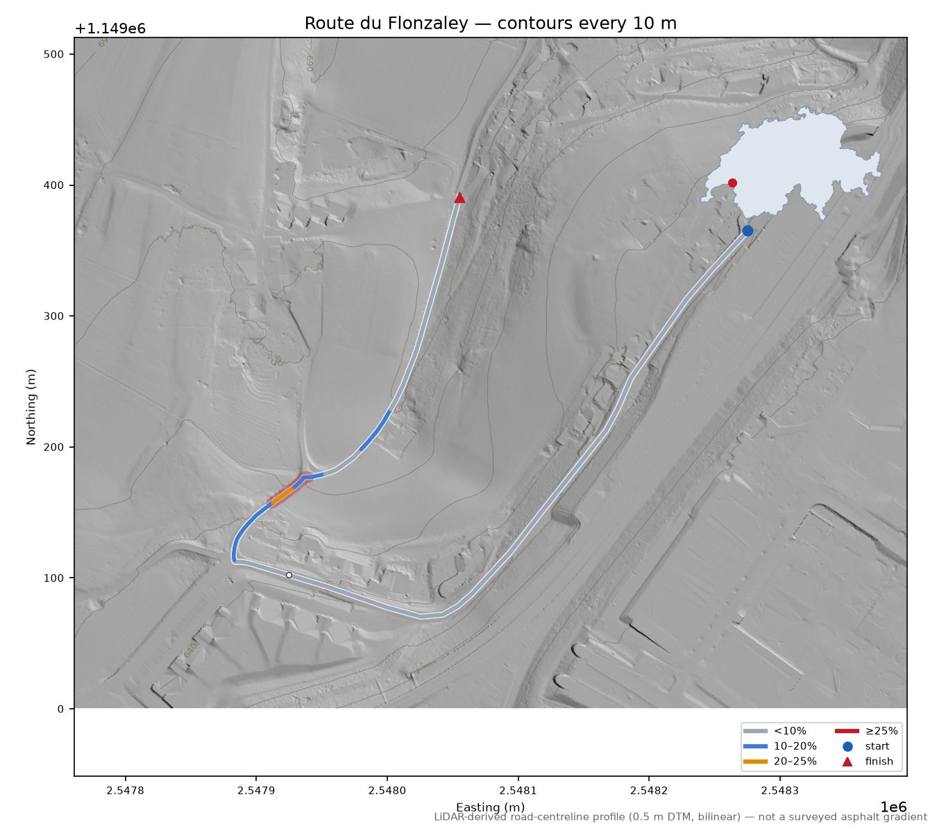 Route du Flonzaley LiDAR hillshade map with contours