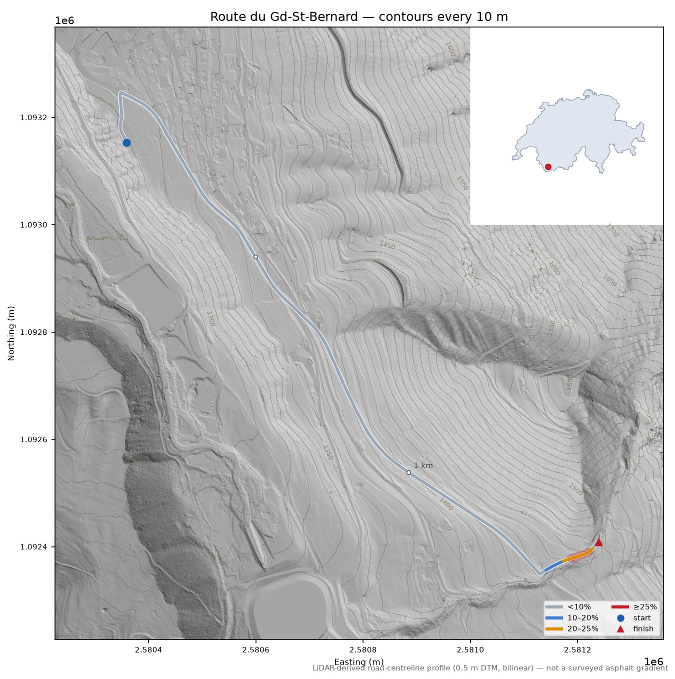 Route du Gd-St-Bernard LiDAR hillshade map with contours