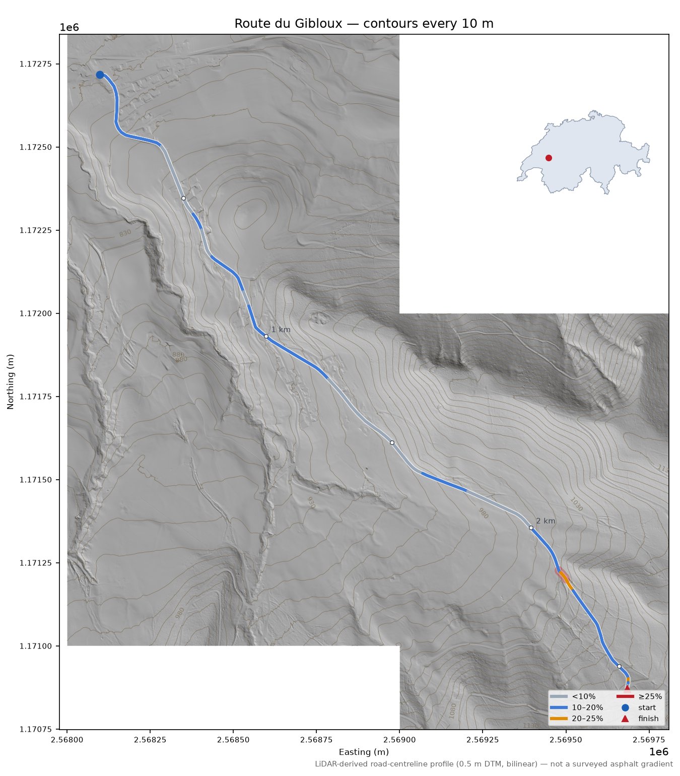 Route du Gibloux LiDAR hillshade map with contours