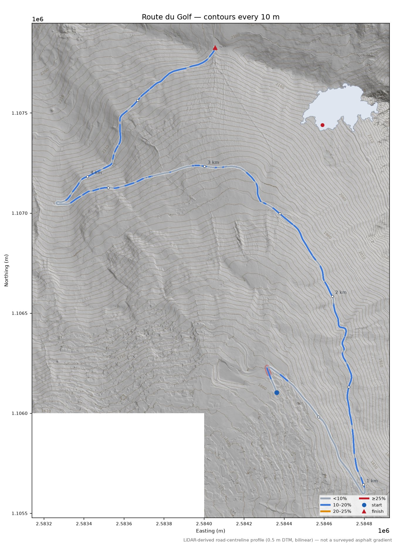 Route du Golf LiDAR hillshade map with contours