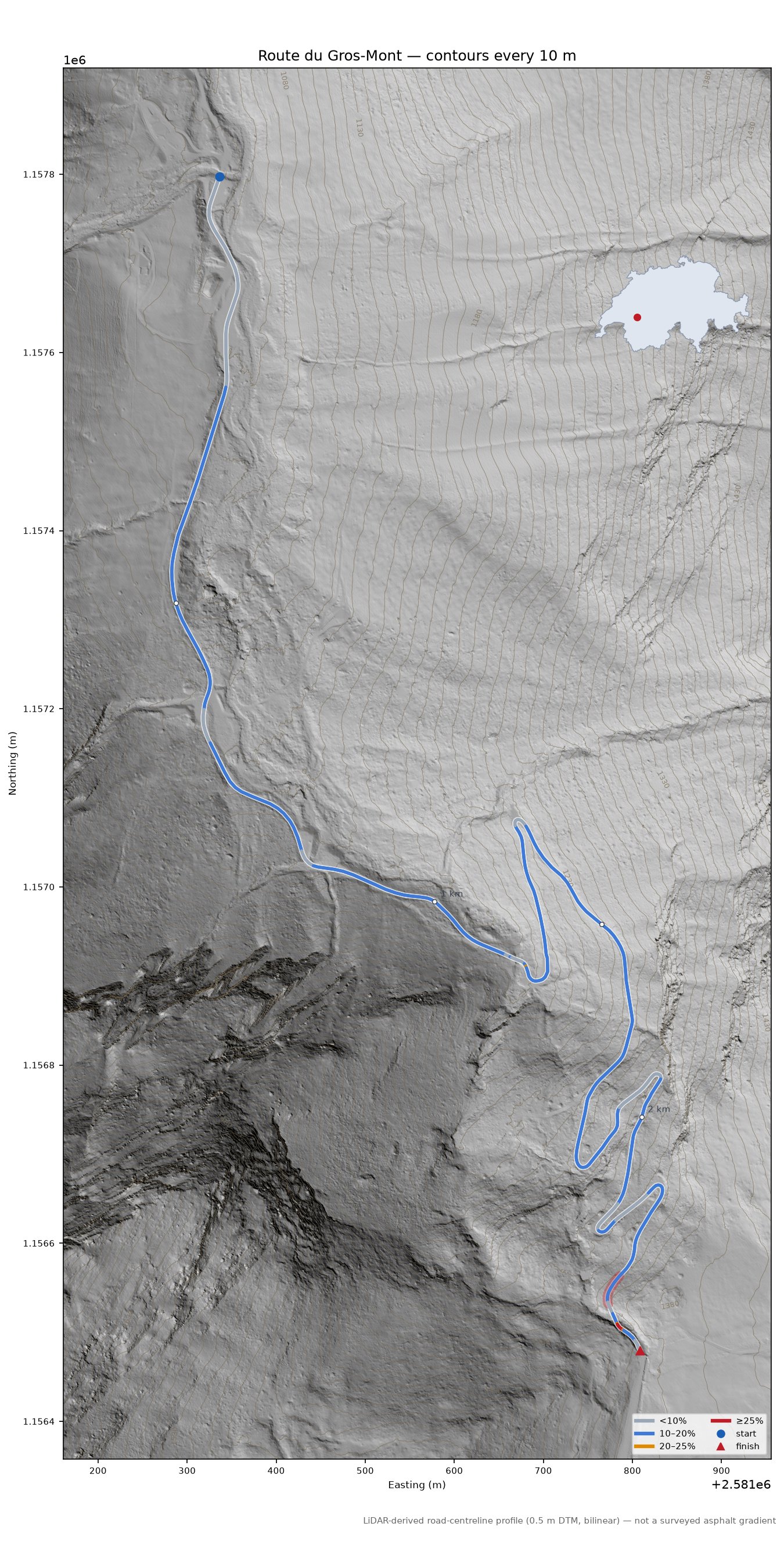 Route du Gros-Mont LiDAR hillshade map with contours