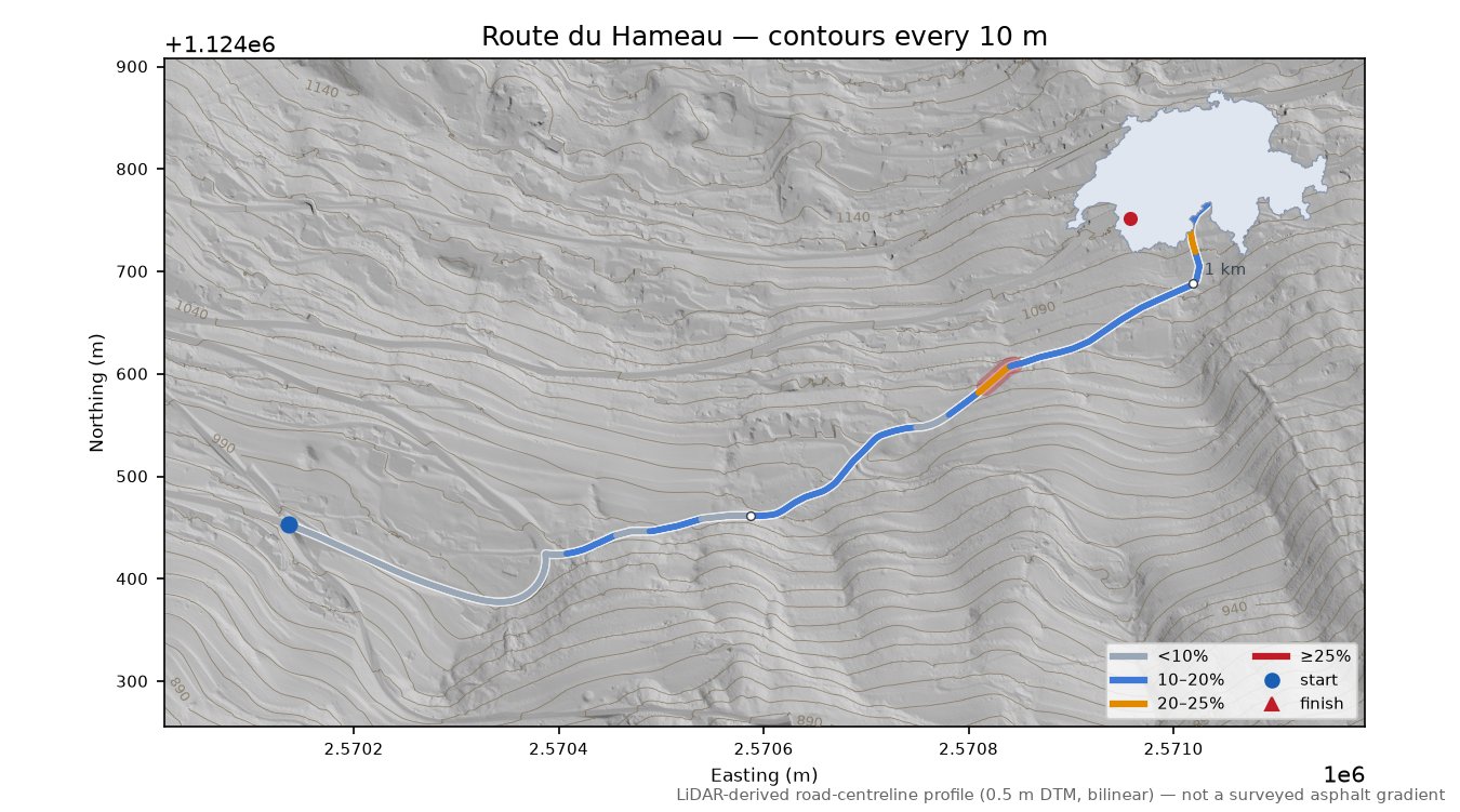 Route du Hameau LiDAR hillshade map with contours