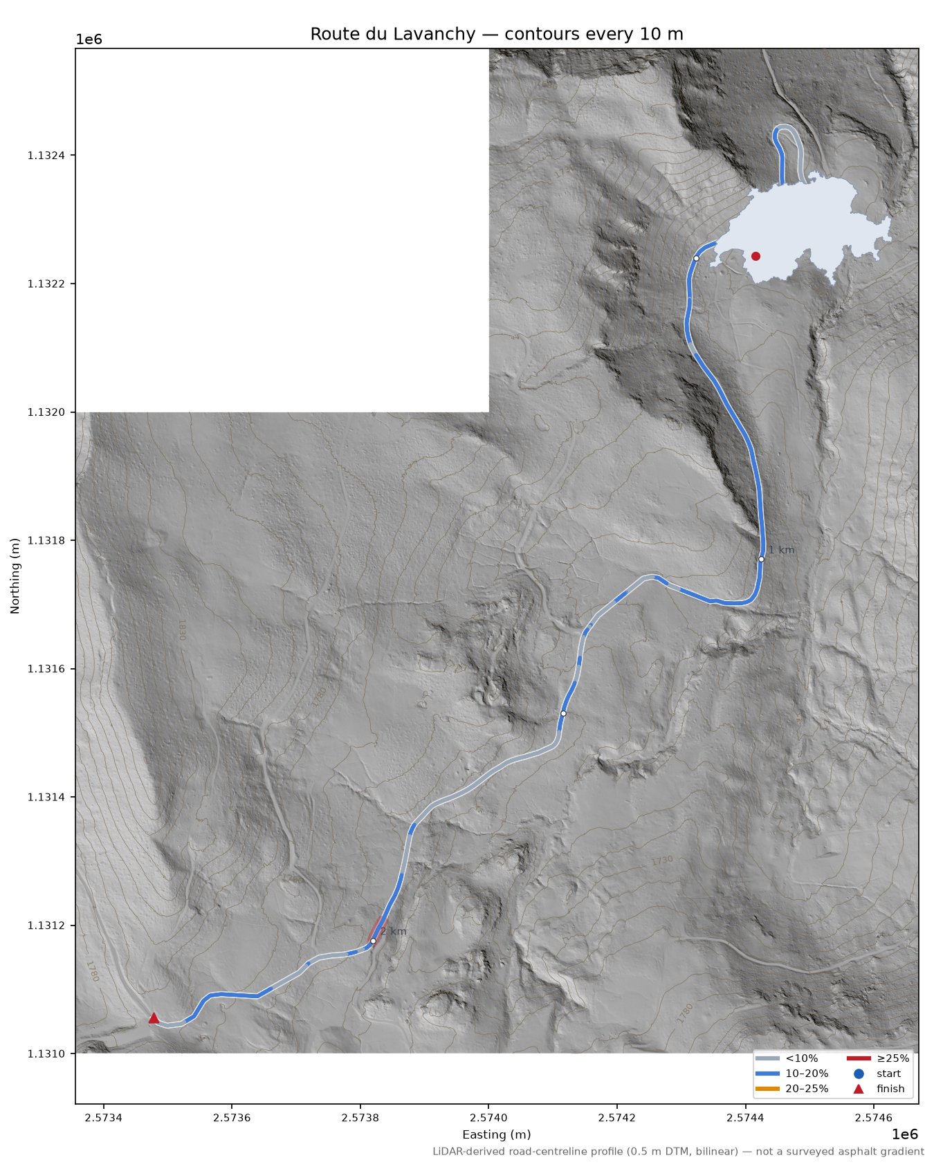 Route du Lavanchy LiDAR hillshade map with contours
