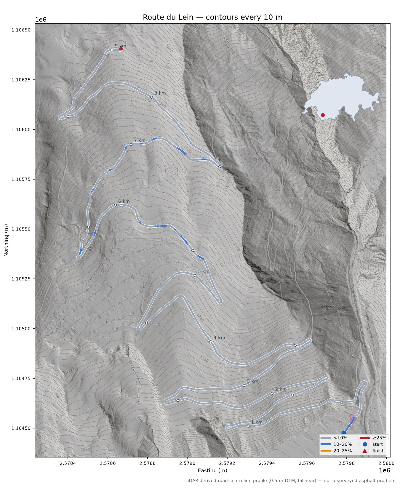 Route du Lein LiDAR hillshade map with contours