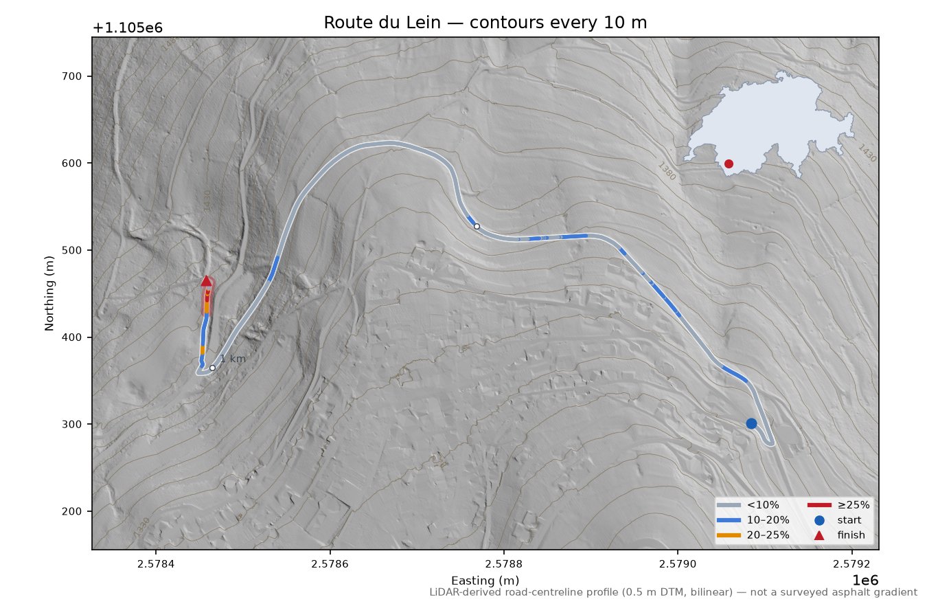 Route du Lein LiDAR hillshade map with contours