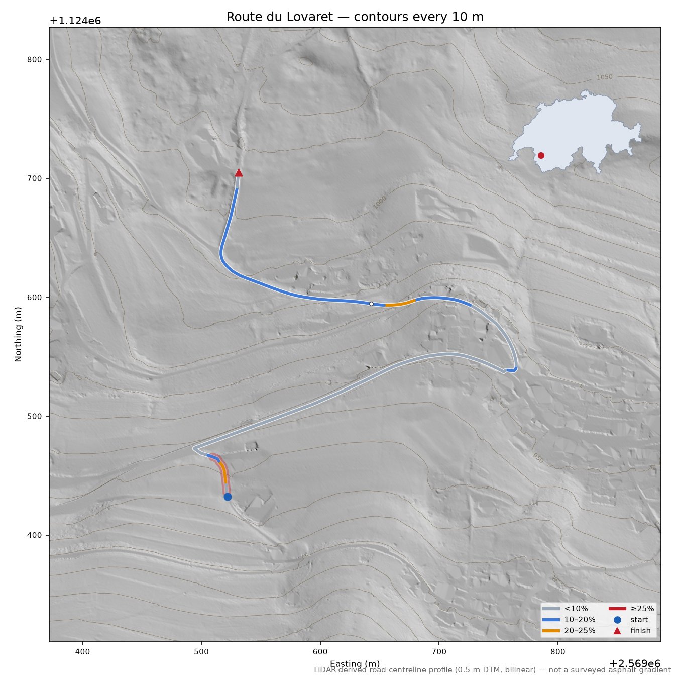 Route du Lovaret LiDAR hillshade map with contours