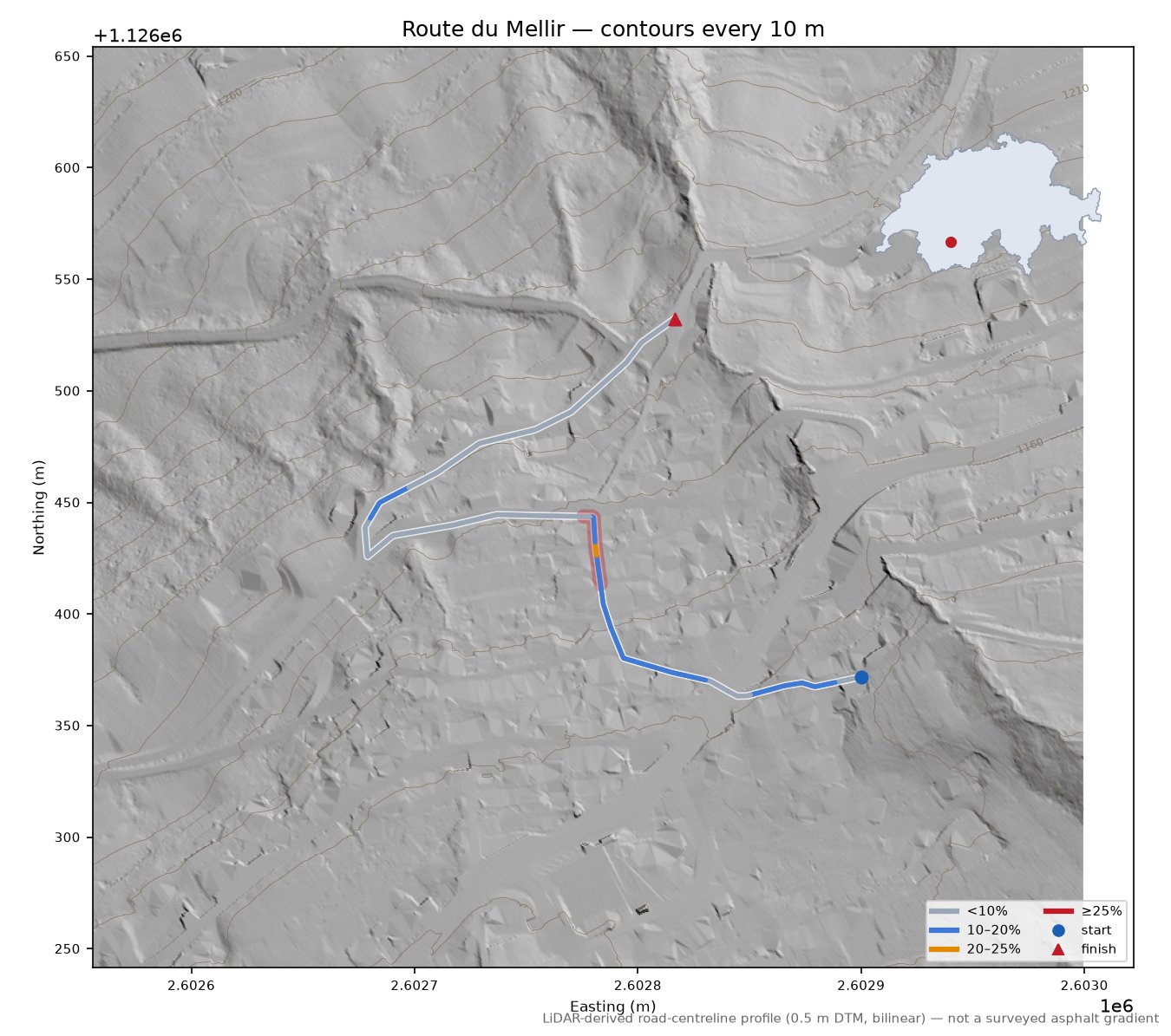 Route du Mellir LiDAR hillshade map with contours