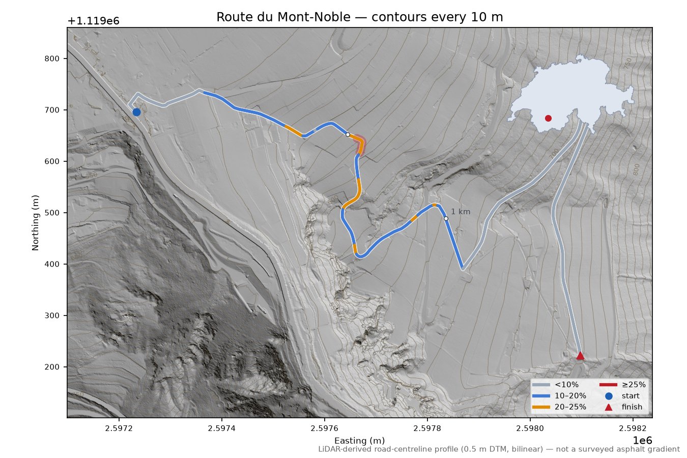 Route du Mont-Noble LiDAR hillshade map with contours