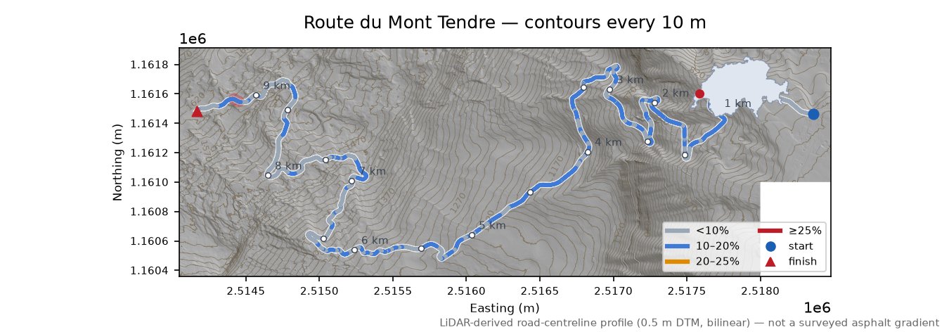 Route du Mont Tendre LiDAR hillshade map with contours
