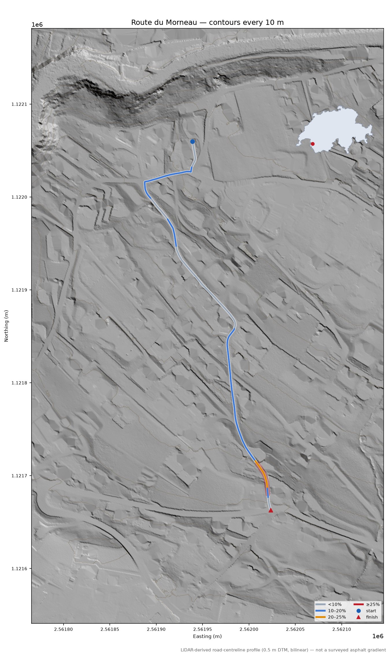 Route du Morneau LiDAR hillshade map with contours