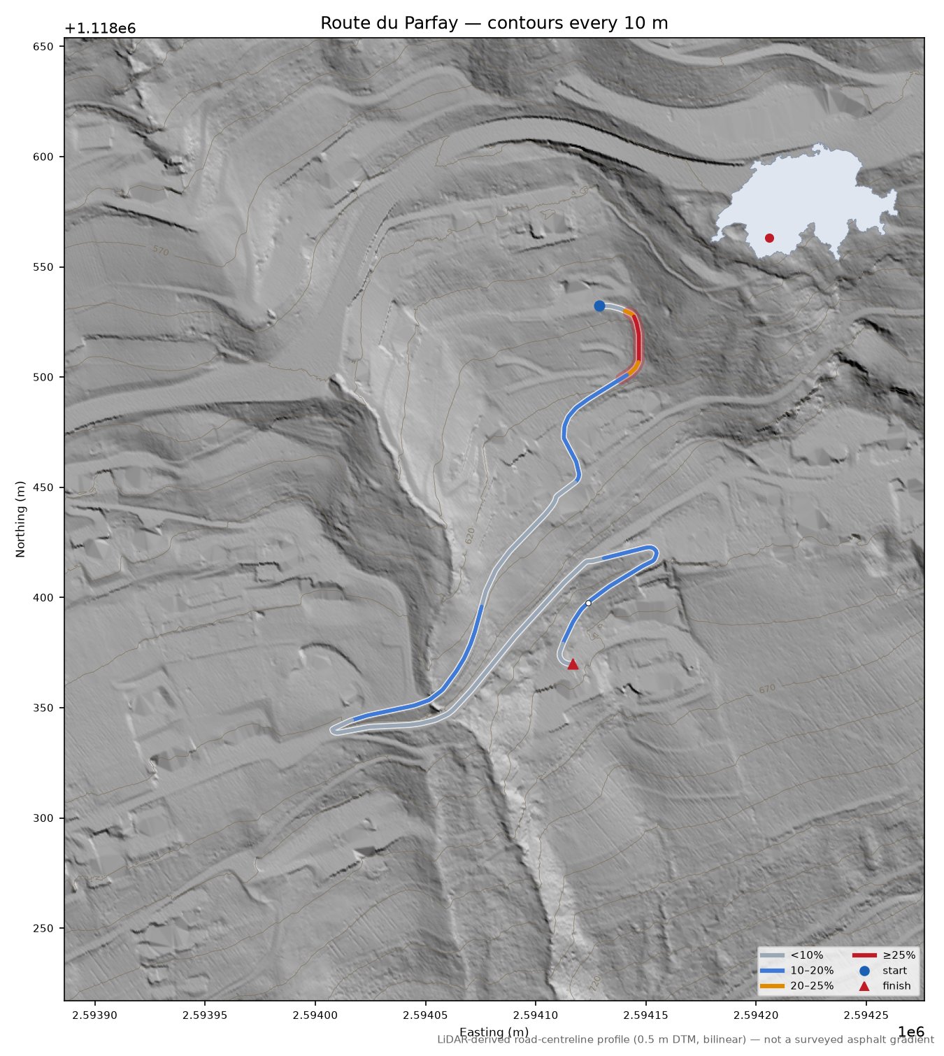 Route du Parfay LiDAR hillshade map with contours