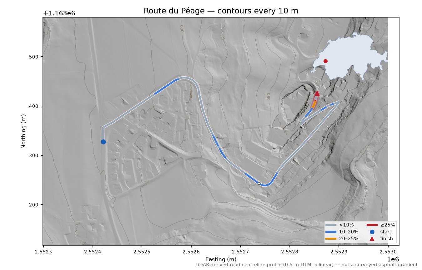 Route du Péage LiDAR hillshade map with contours