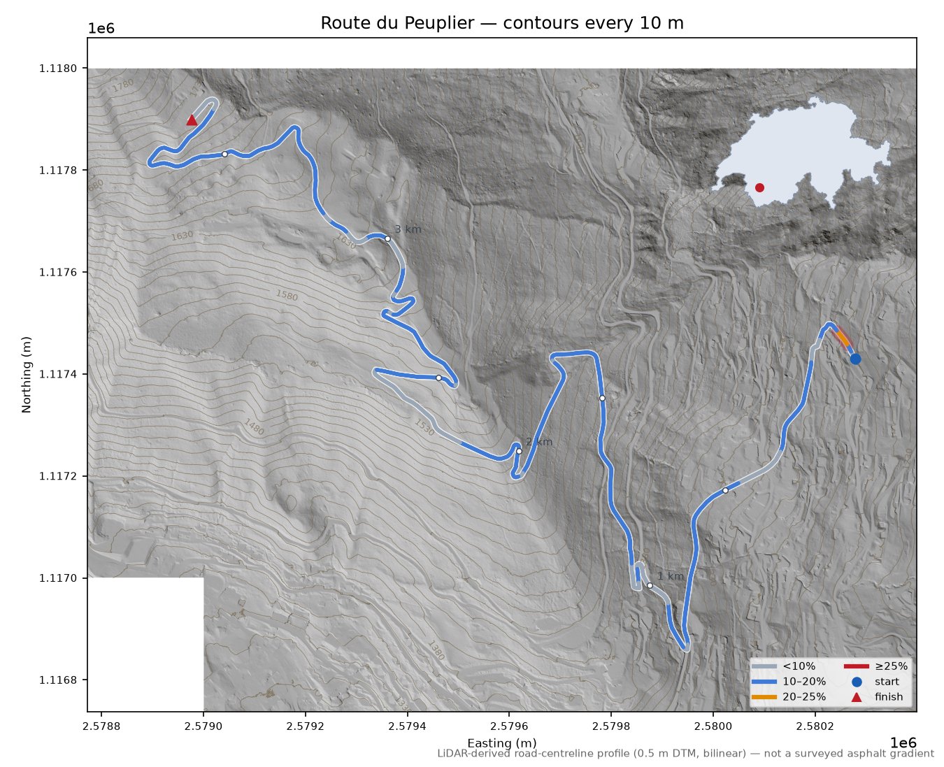 Route du Peuplier LiDAR hillshade map with contours