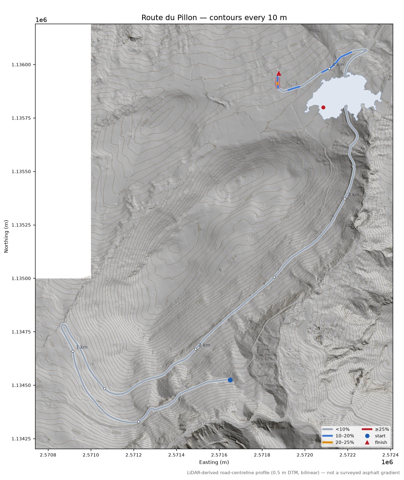 Route du Pillon LiDAR hillshade map with contours