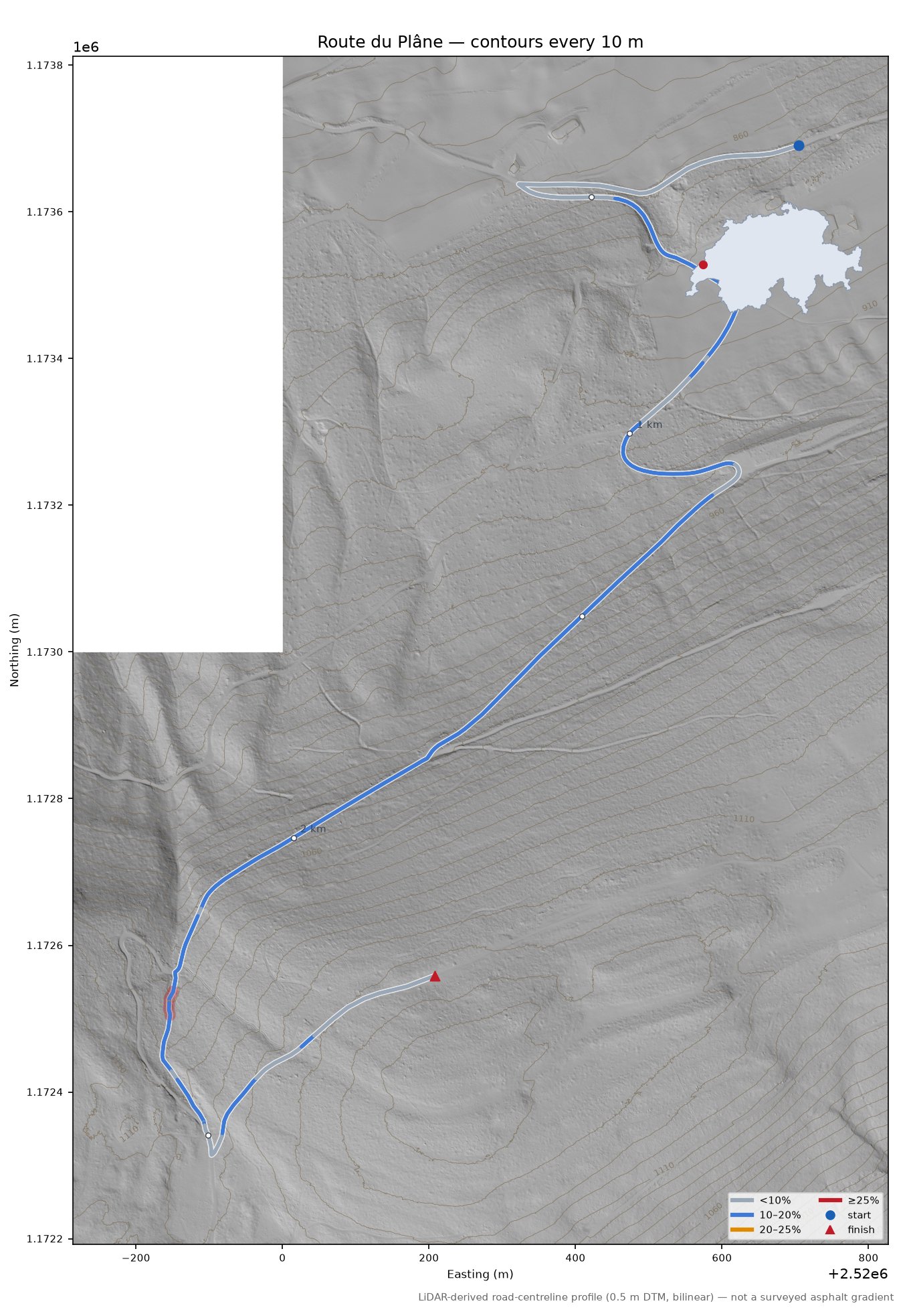 Route du Plâne LiDAR hillshade map with contours