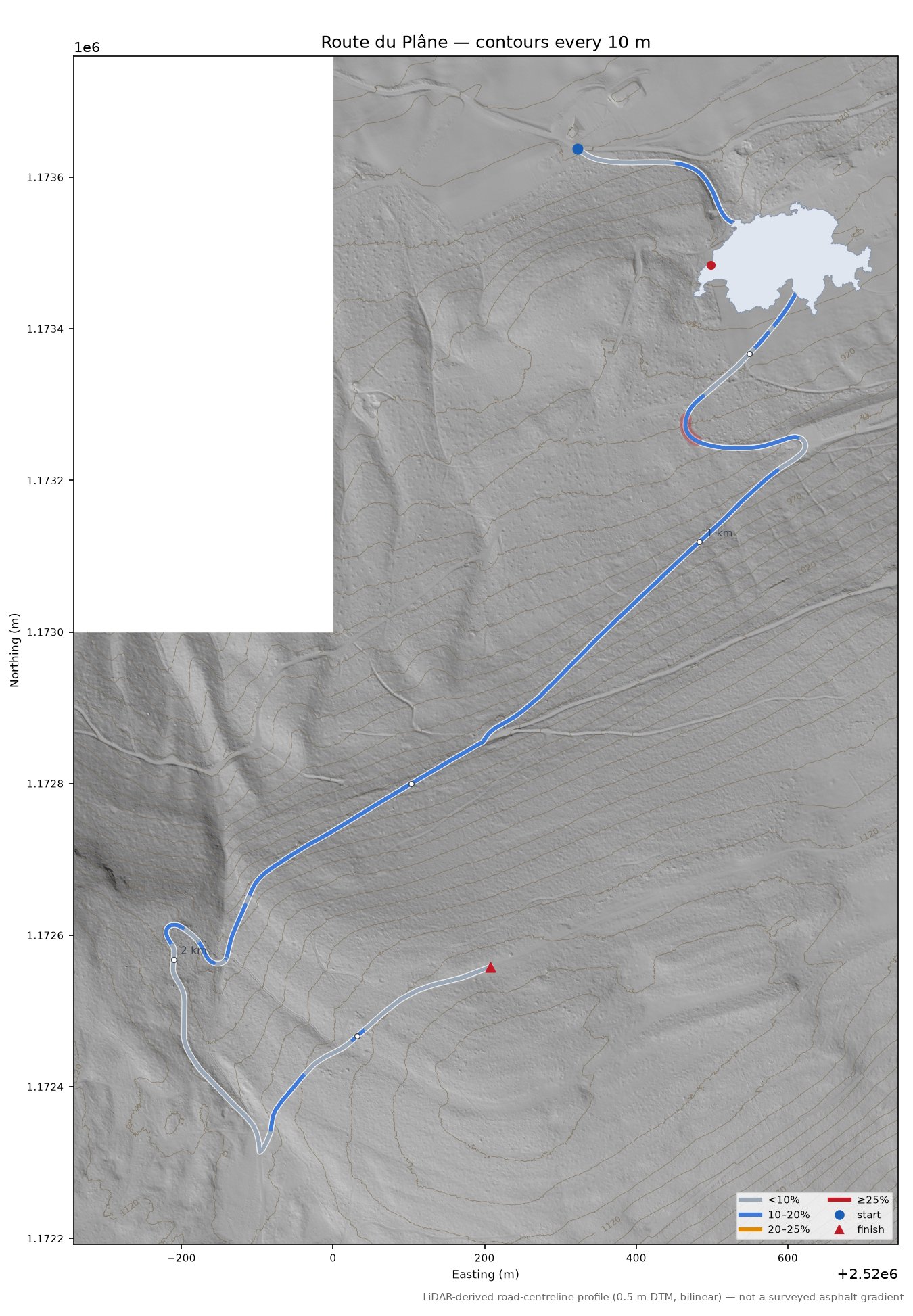 Route du Plâne LiDAR hillshade map with contours