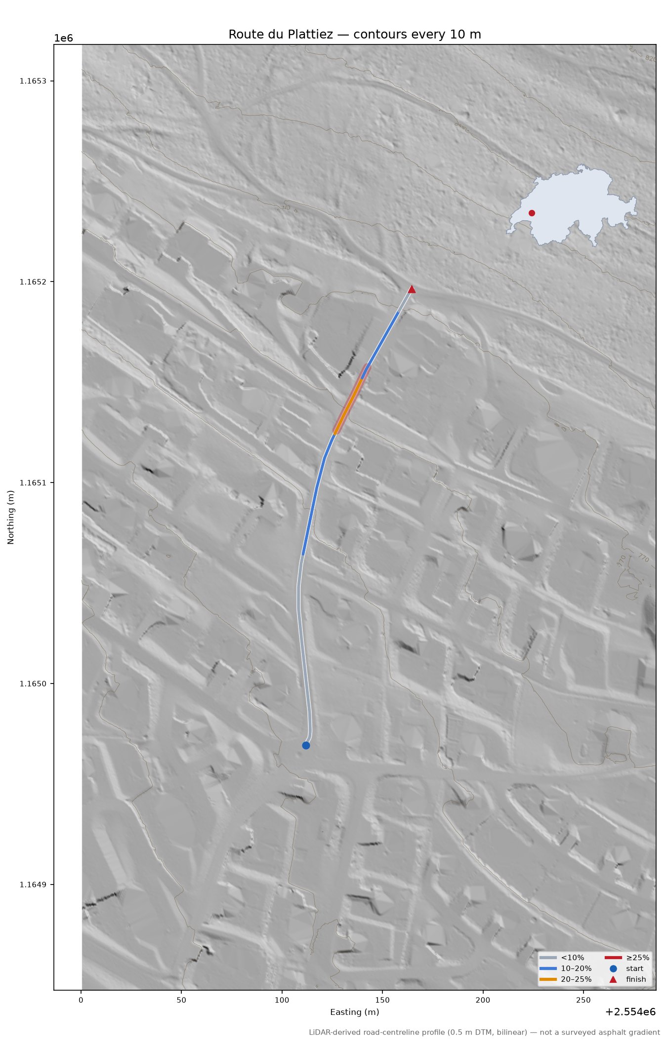 Route du Plattiez LiDAR hillshade map with contours