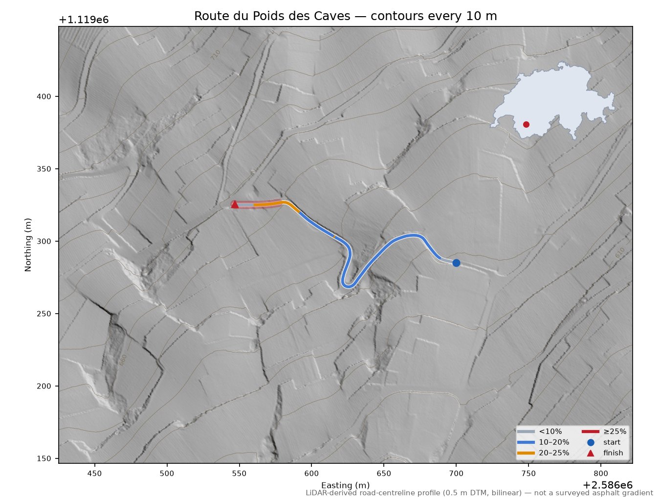 Route du Poids des Caves LiDAR hillshade map with contours