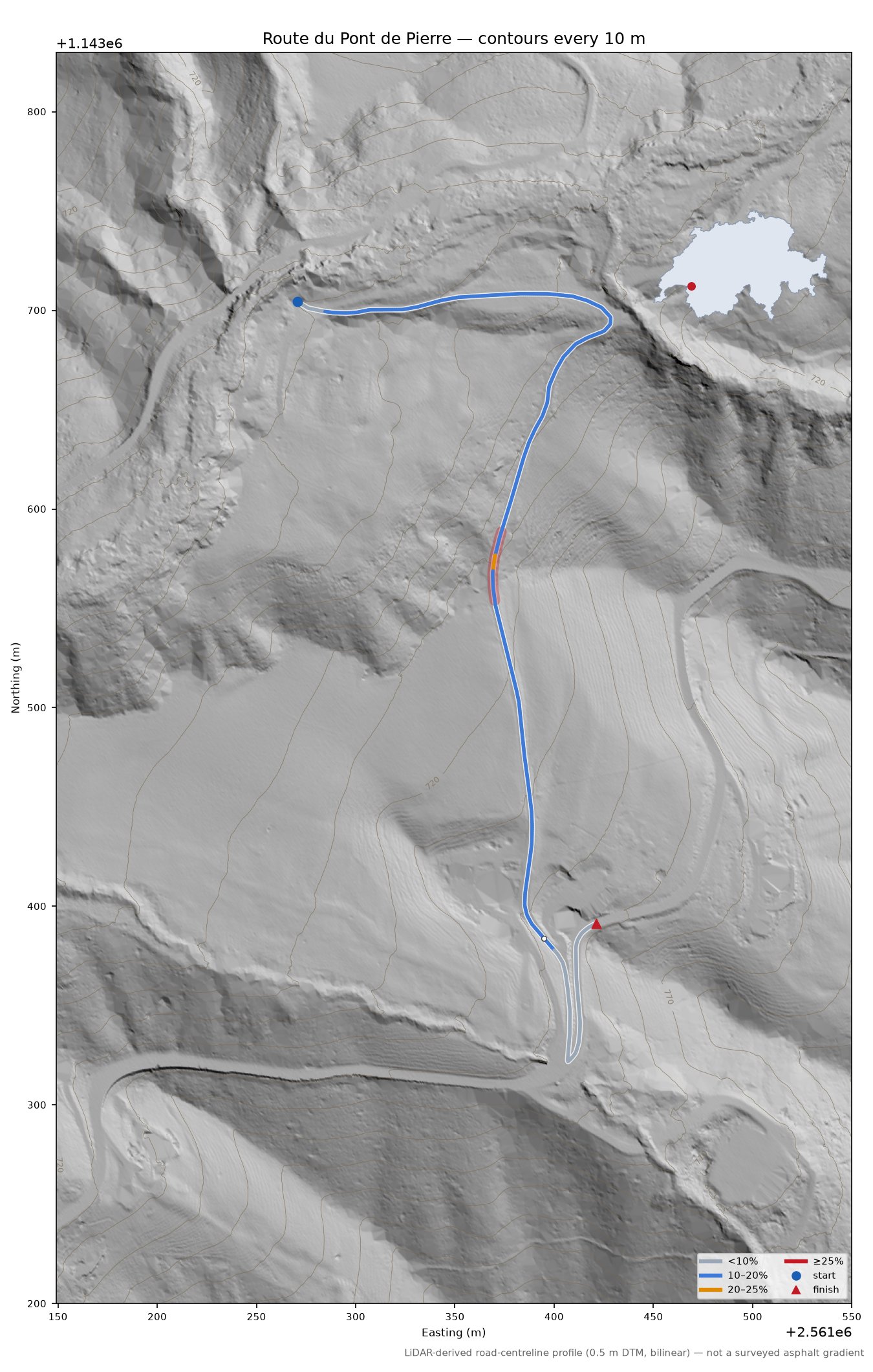 Route du Pont de Pierre LiDAR hillshade map with contours
