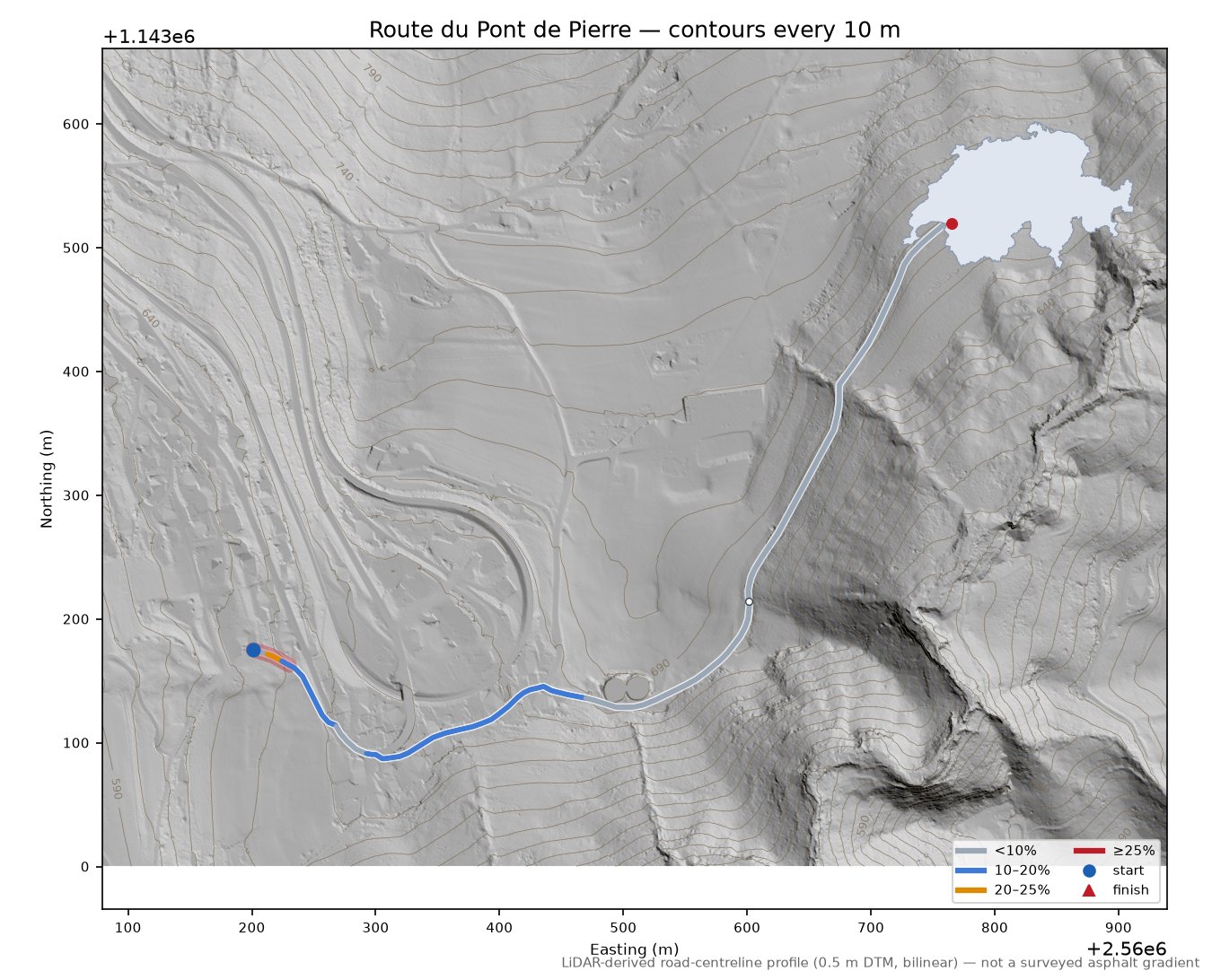 Route du Pont de Pierre LiDAR hillshade map with contours