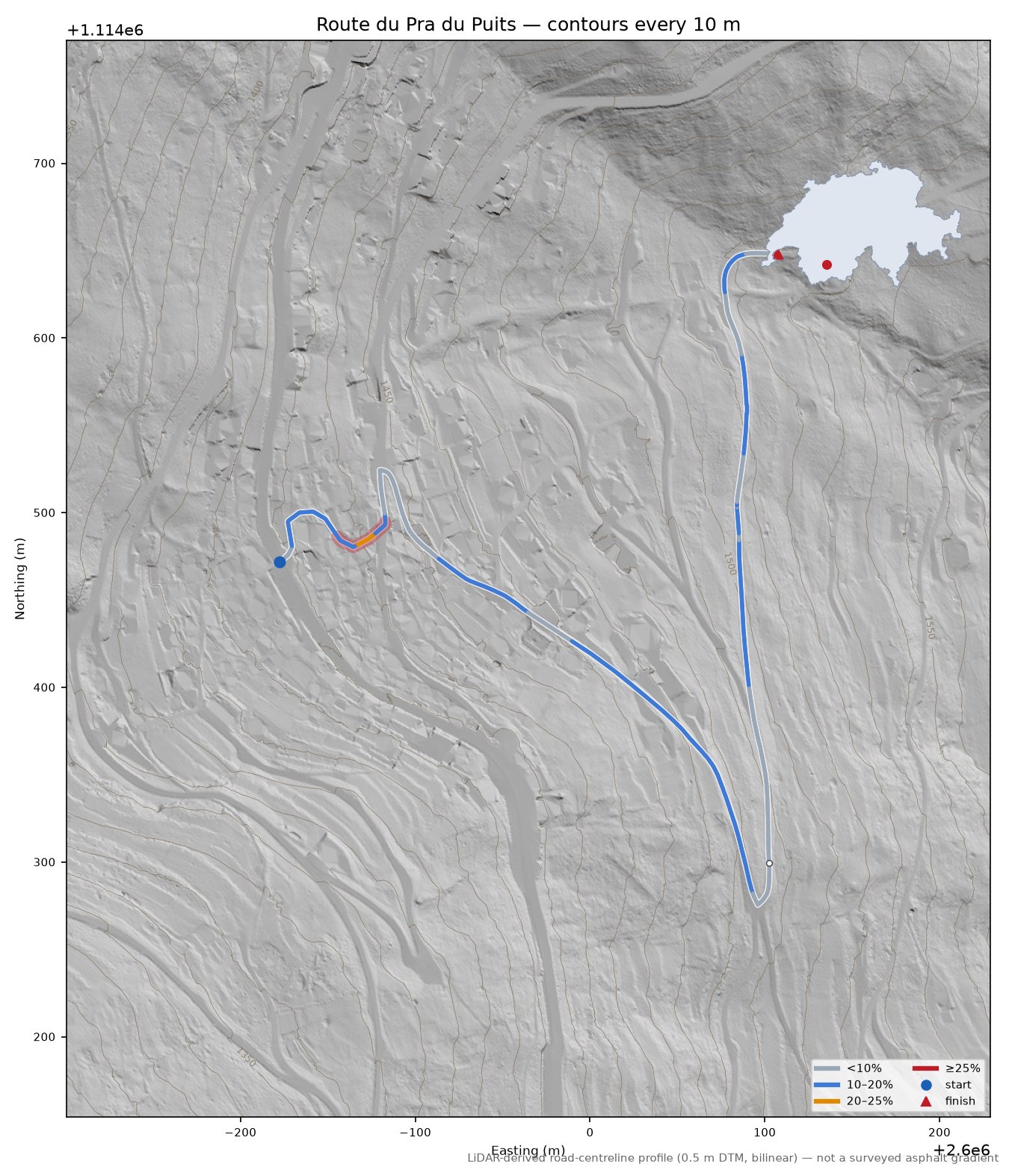 Route du Pra du Puits LiDAR hillshade map with contours