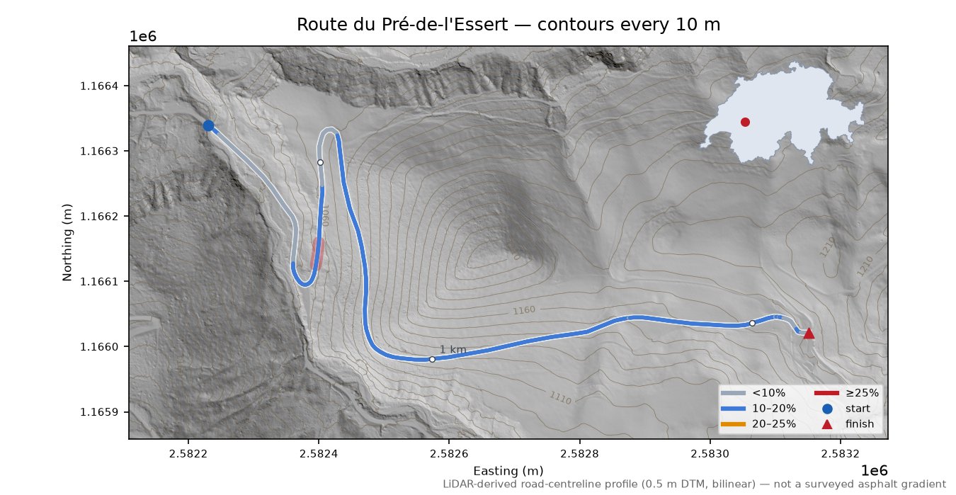 Route du Pré-de-l'Essert LiDAR hillshade map with contours