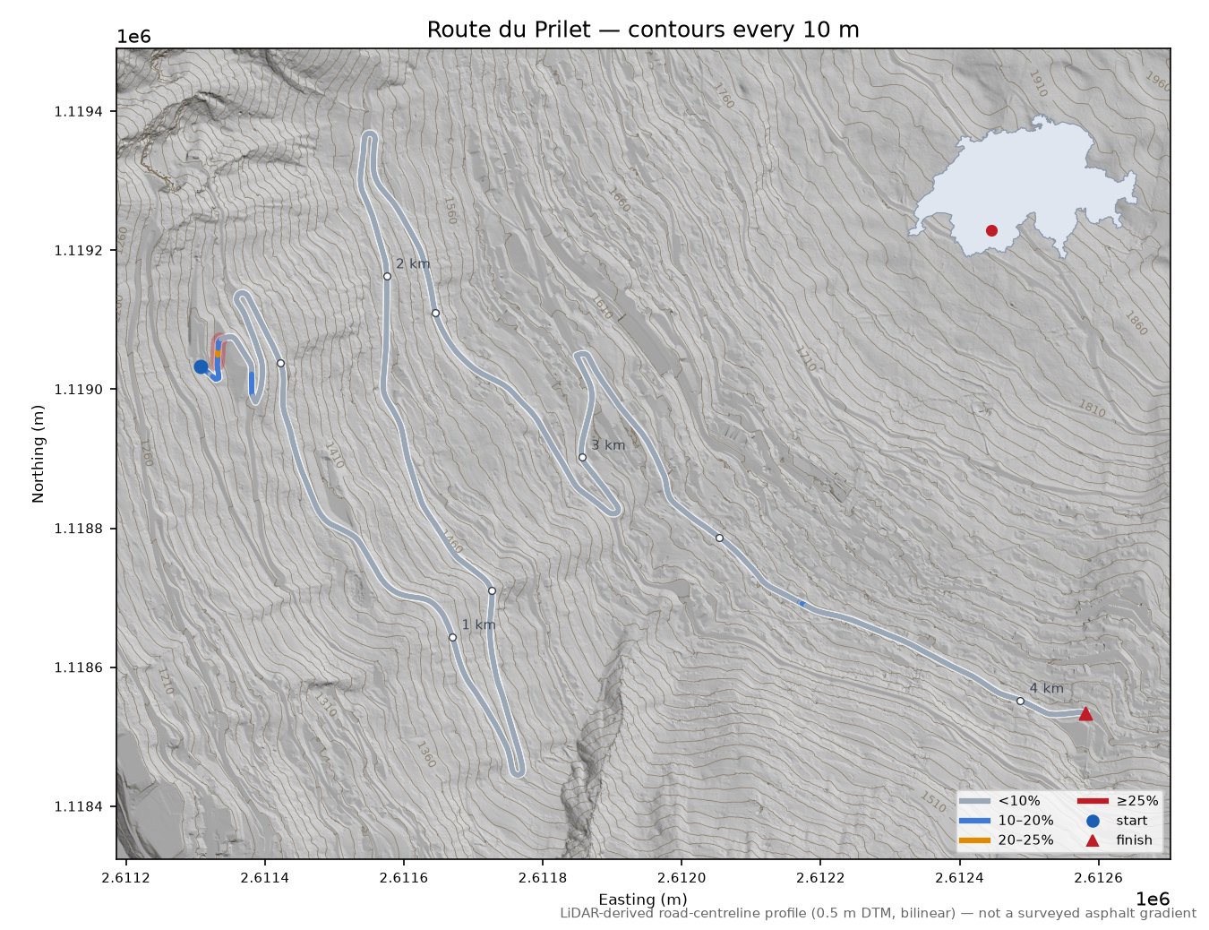 Route du Prilet LiDAR hillshade map with contours