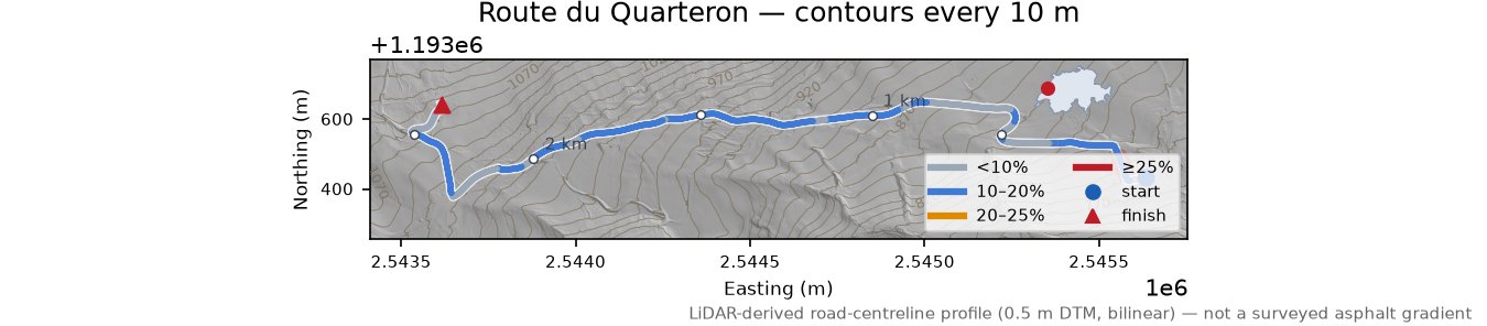 Route du Quarteron LiDAR hillshade map with contours