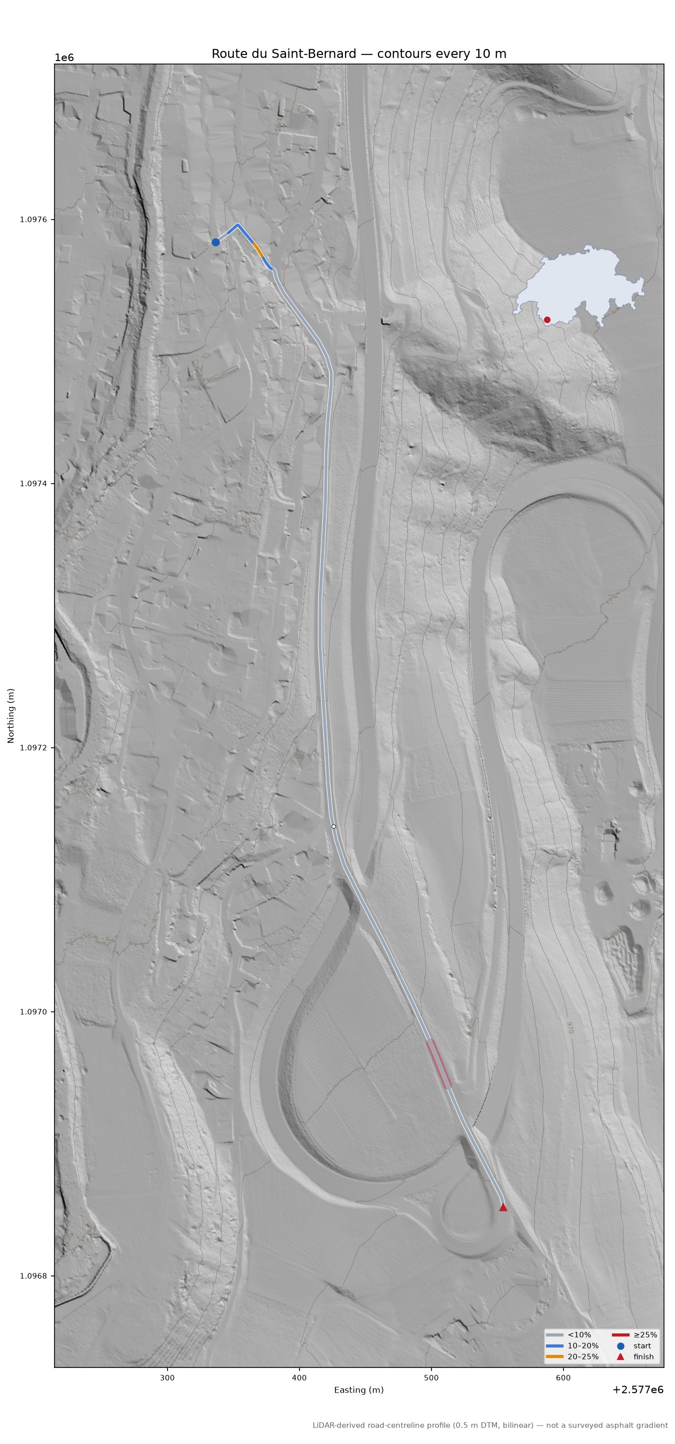 Route du Saint-Bernard LiDAR hillshade map with contours