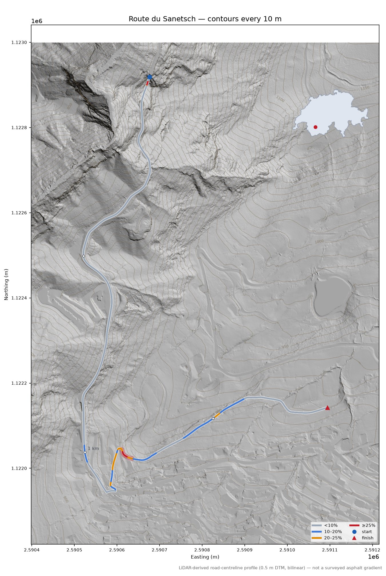 Route du Sanetsch LiDAR hillshade map with contours