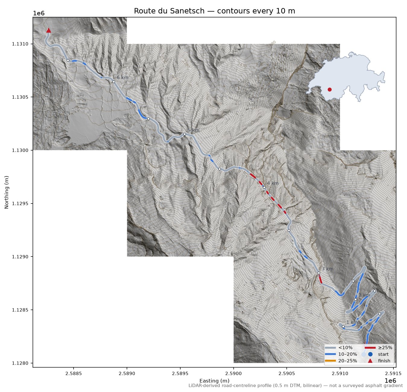 Route du Sanetsch LiDAR hillshade map with contours