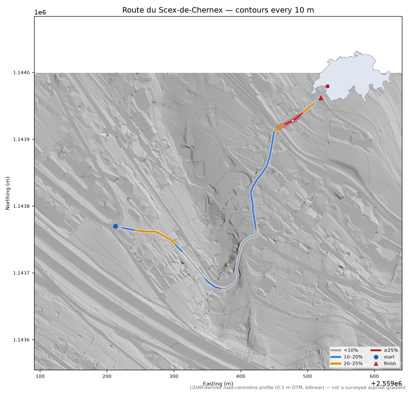 Route du Scex-de-Chernex LiDAR hillshade map with contours