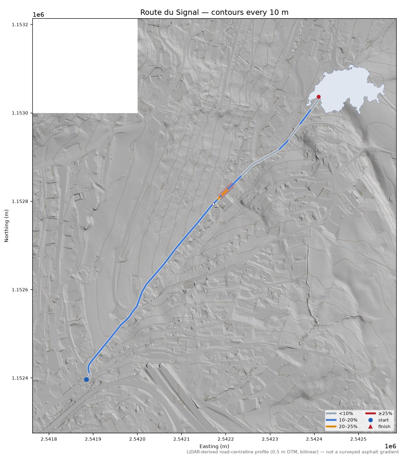 Route du Signal LiDAR hillshade map with contours