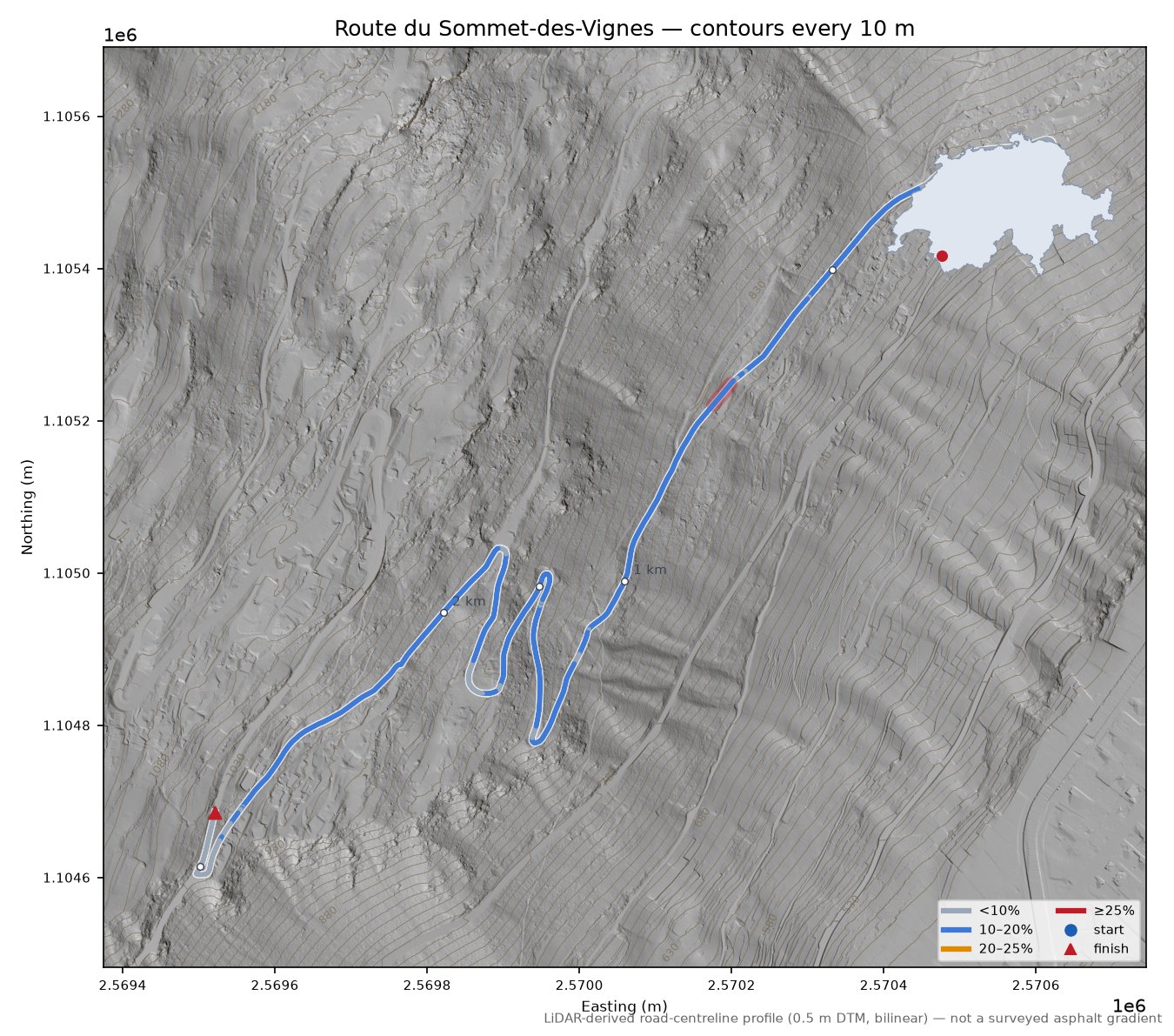Route du Sommet-des-Vignes LiDAR hillshade map with contours
