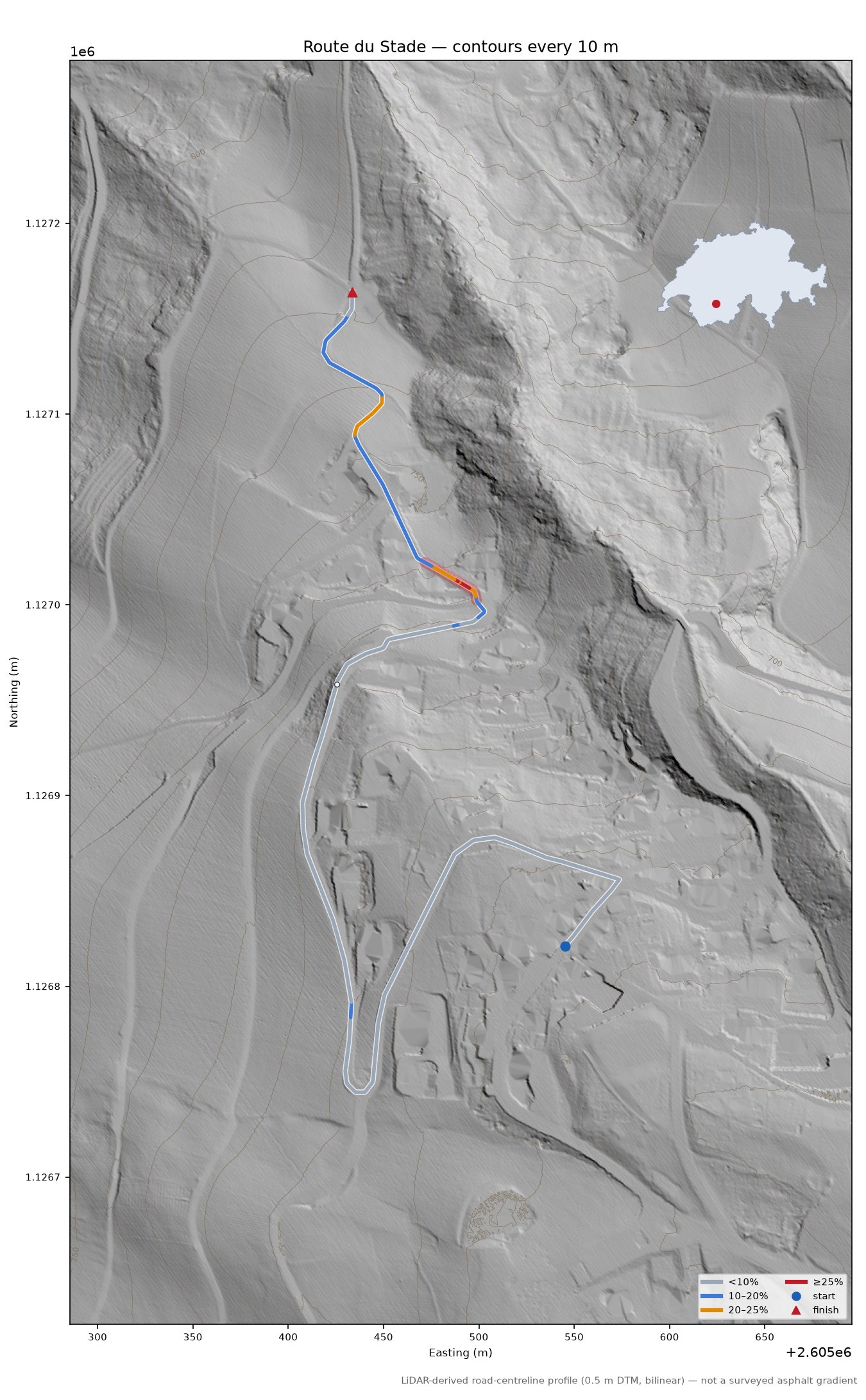 Route du Stade LiDAR hillshade map with contours